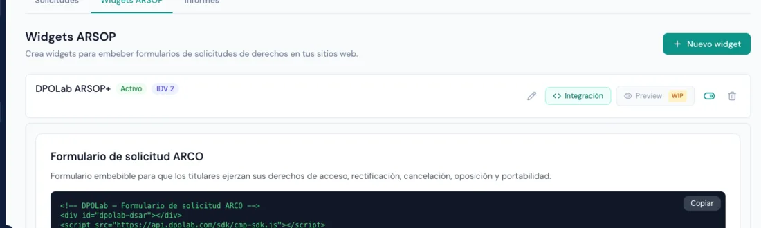 Widget de solicitudes ARSOP embebible para el sitio web según la Ley 21.719