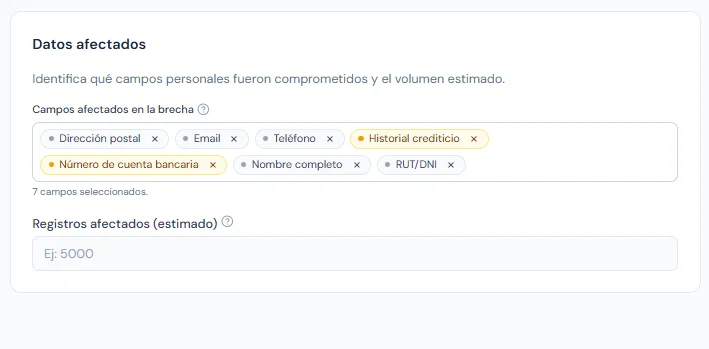 Registro de datos afectados en una brecha de seguridad con campos personales comprometidos
